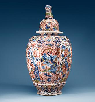 A large Delft faience jar with cover, 18th Century.