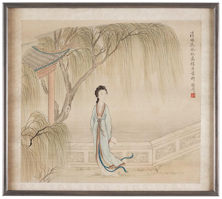 MÅLNINGAR, fyra stycken, akvarell och tusch på silke, sen Qingdynasti, attibuerad till Pan Zhenyong (1852-1921).