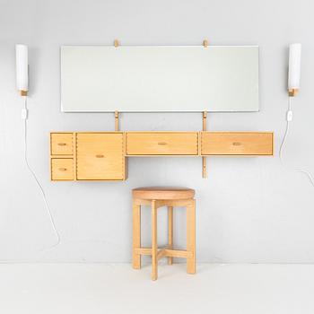 Uno & Östen Kristiansson, wall-mounted dressing table with wall lamps and stool, Luxus, 1960s.