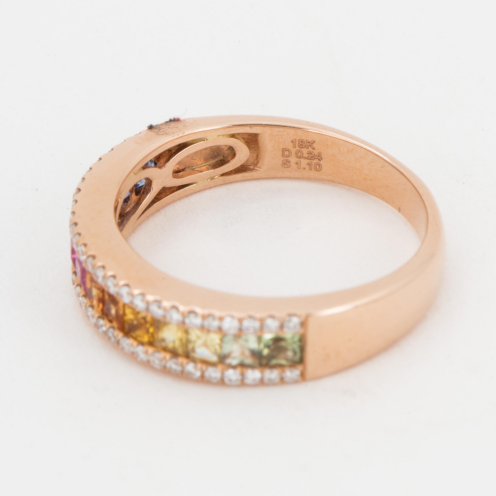 RING, med olikfärgade safirer och briljantslipade diamanter.