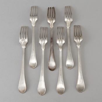Seven Swedish Empire silver table forks by Johan Petter Grönvall in Stockholm 1828.