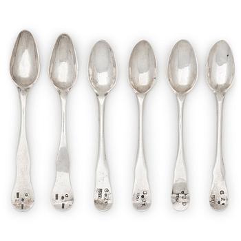 244. A set of Swedish 18th century silver coffee-spoons, mark of Olof Sedin, Gävle 1797 and Pehr Blommerts widow, Gävle 1822.