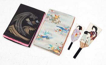 A set with two Japanese silk brocade belts, obi and two  hagoita wooden paddles, early 20th century.