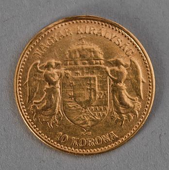 MYNT, 4 st, guld 21K, 10 Korona, Österrike-Ungern. 1898-1904. Totalvikt ca 13 gram.