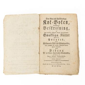 Åtta kok- och handböcker inkl. Cajsa Warg, 1780-1897.