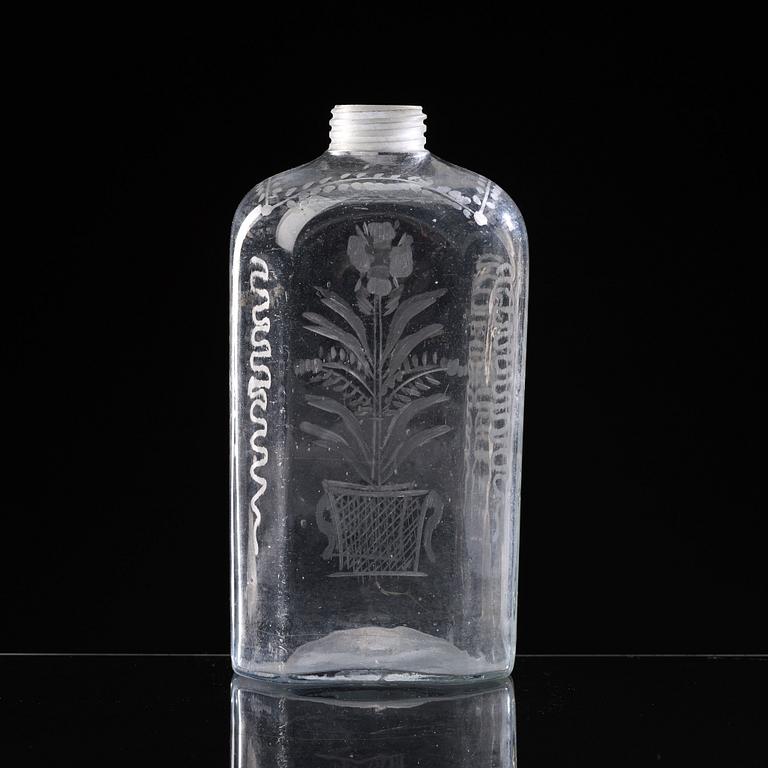 FLASKA, glas. Troligen Skånska glasbruket, 1700-tal.