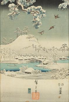 Ando Hiroshige, after, three woodblock prints and Gekko Ogata 'Koto Player'.