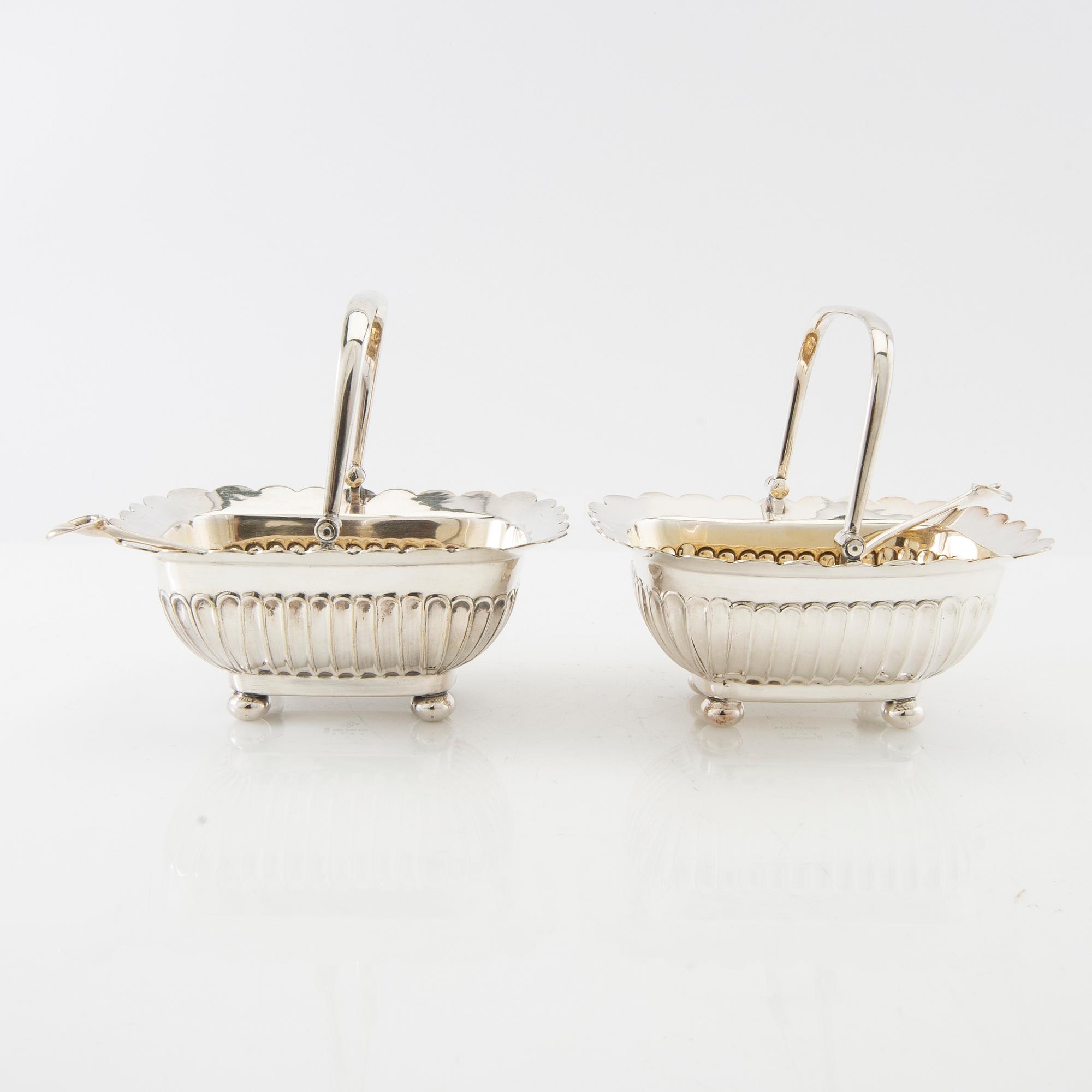 Sugar bowls 2 pairs and a cream jug, silver plate and glass, first half of the 20th century.