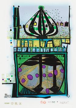 Friedensreich Hundertwasser, photo lithograph and silk screen with metal embossing, 1984. Signed and numbered 4373/10002.