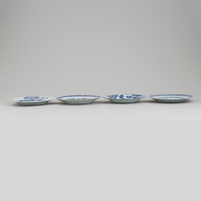 Four blue and white export porcelain plates, Qing dynasty, Qianlong (1736-95).