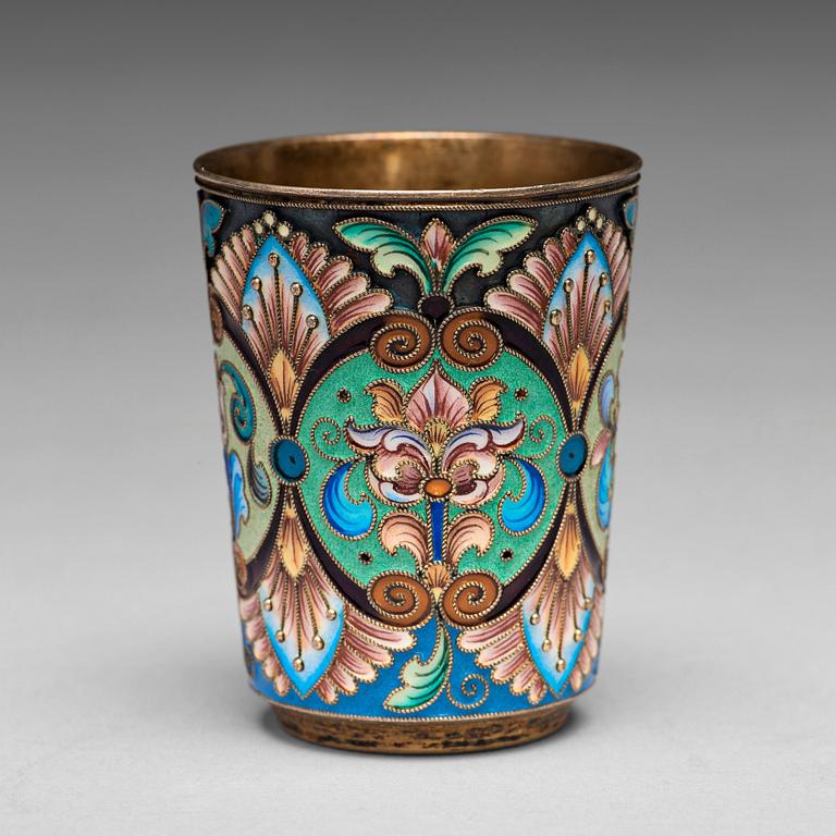 A Russian early 20th century silver-gilt and enamel beaker, mark of the 6th Artel, Moscow 1908-1917.