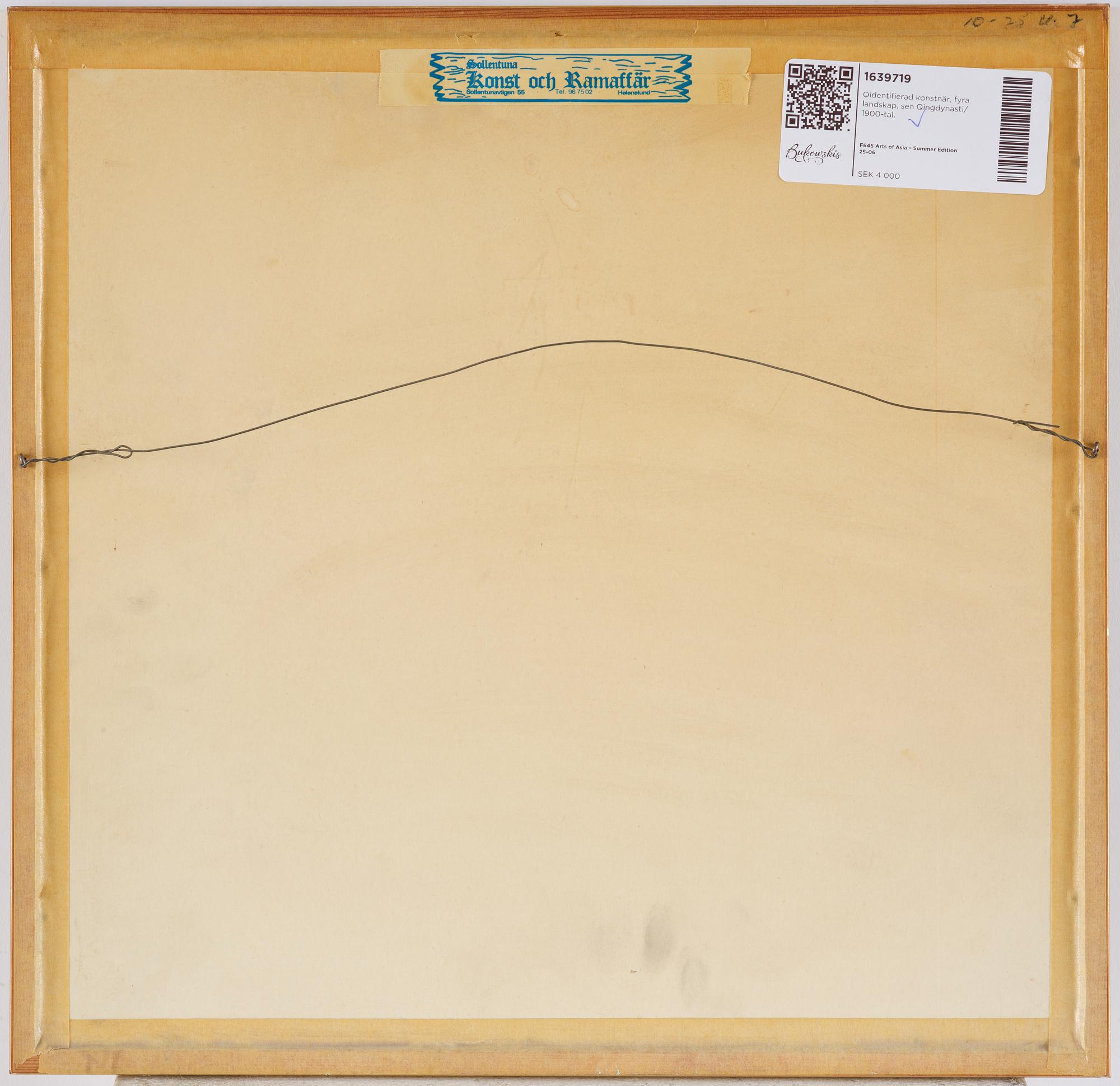 Oidentifierad konstnär, fyra landskap, sen Qingdynasti/ 1900-tal.