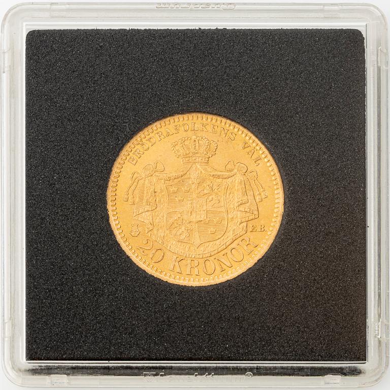 Gold coin, Oscar II, 20Kr, type III, Sweden 1881.