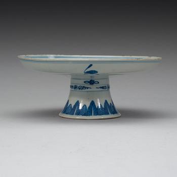 A blue and white dish on a high foot, late Qing dynasty (1644-1912).