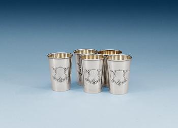 1181. A SET OF FIVE RUSSIAN PARCEL-GILT VODKA BEAKERS, Makers mark of Ivan Chlebnikov, Moscow 1908-1917.