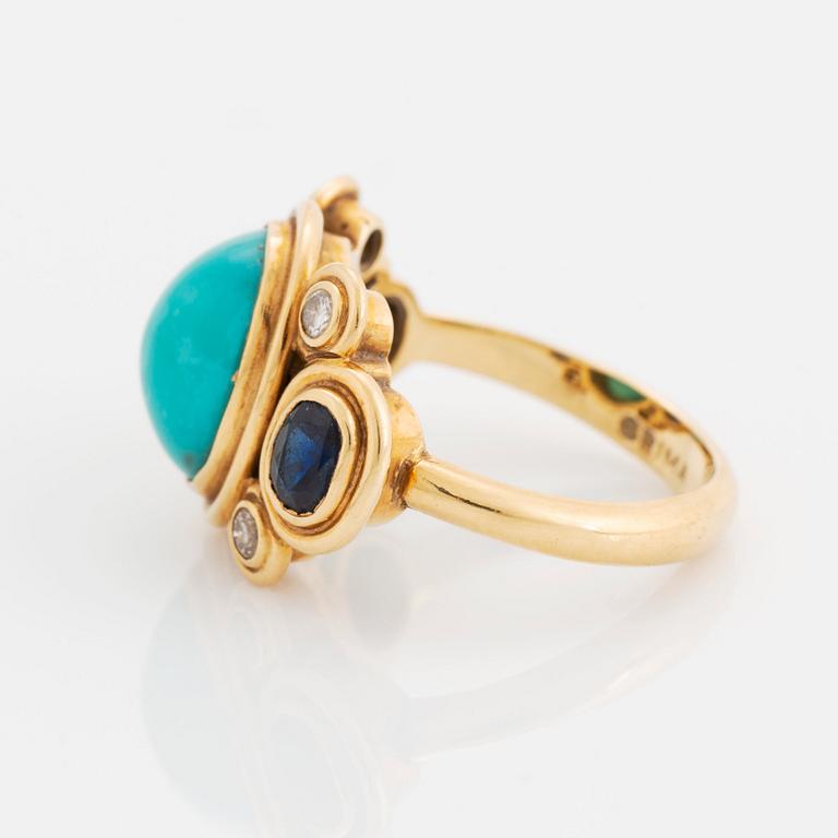 An 18K gold and turquoise Grima ring set with faceted sapphires and round brilliant-cut diamonds.