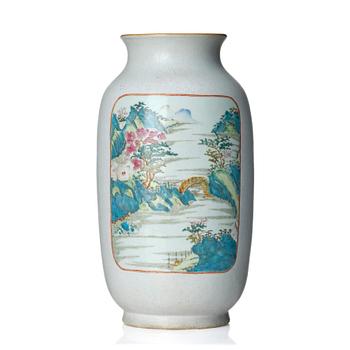 974. A large famille rose and scrafitto landscape vase, Qing dynasty, with Qianlong seal mark in red.