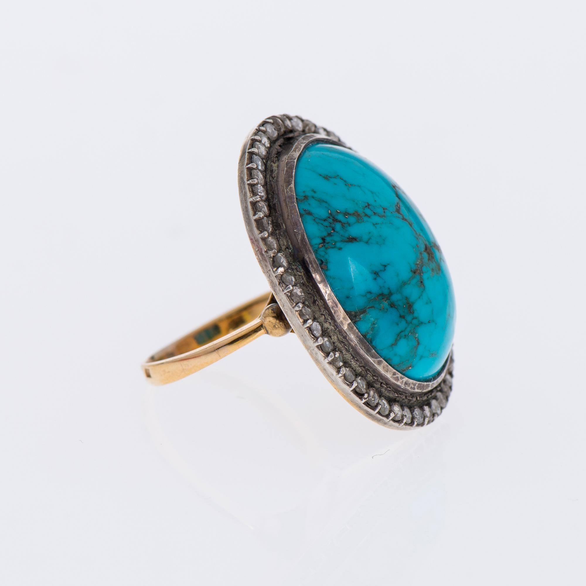 RING, guld (56), turkos ca 40 ct, rosenslipade diamanter tot. ca 1,00 ct. Ryska stämplar.