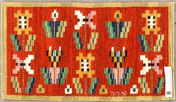 MÄRTA MÅÅS-FJETTERSTRÖM -  A TEXTILE,"Blommor på röd botten", flat weave, signed AB MMF,