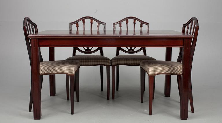 BORD, märkt Paul Boman samt STOLAR, 4 st, Hepplewhite stil, 1900-talets slut.