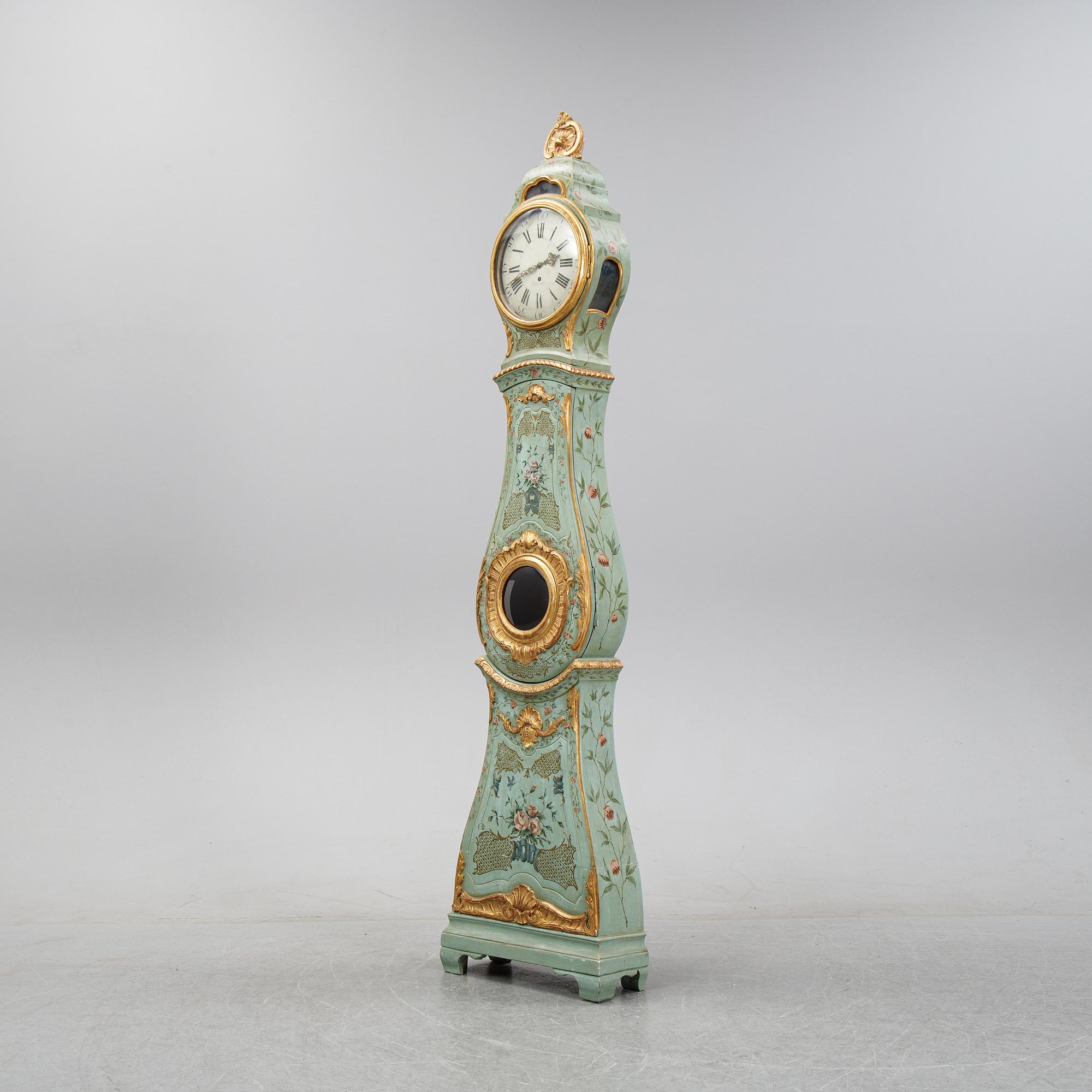 A Swedish painted Rococo longcase clock mid 1700's.