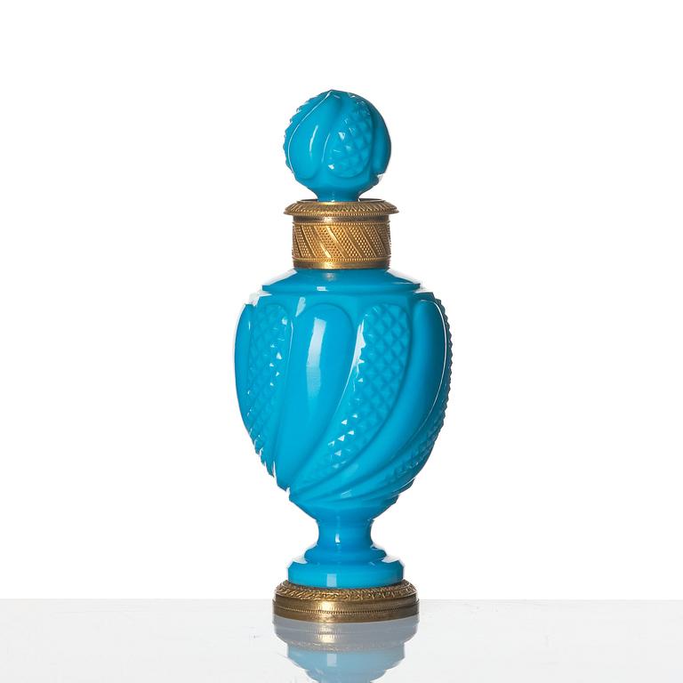 A turquoise opalin glass and gilt bronze perfume bottle with stopper, 19th Century.