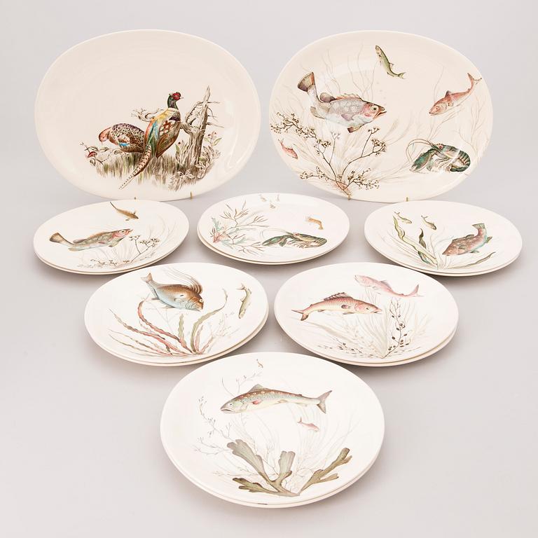 A set of 12 'Fish' dinner plates and two serving dishes, 'Fish' and 'Bird Game', Johnson Brothers, England.