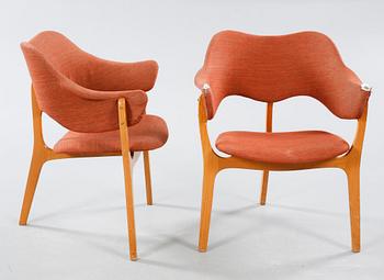 A pair of armchairs, designed by Kjell Hjall & Bjarne Stave for Møre Lenestolfabrikk, Norway, in production from 1954.