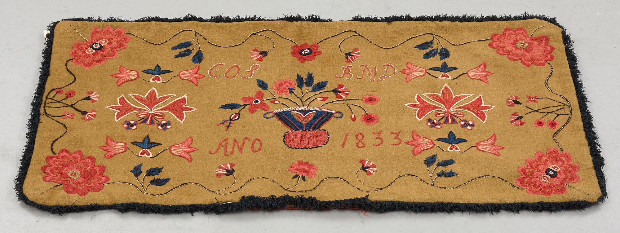 Åkdyna, broderad, ca 51-52 x 104,5-107 cm, signerad och daterad COS BMD ANO 1833, Skåne.
