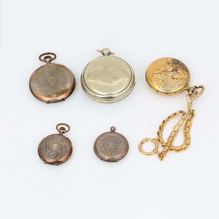 PARTI FICKUR, 5 st, silver samt förgylld metall, mestadels tidigt 1900-tal.