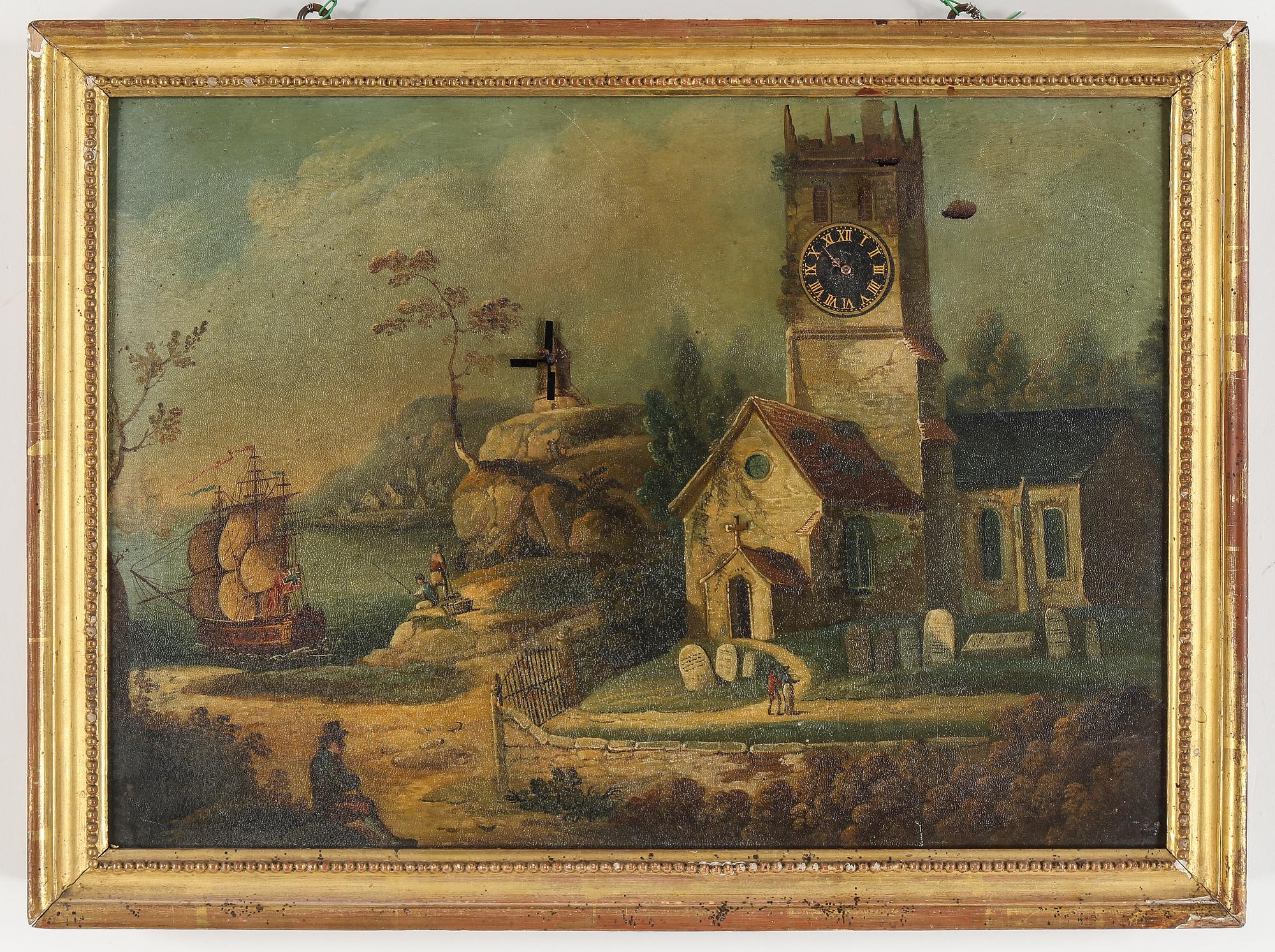 KLOCKTAVLA, olja med urverk och väderkvarn,
1800-talets mitt.