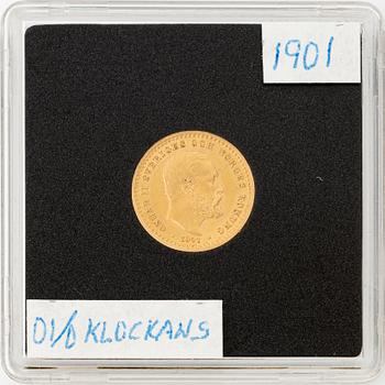Gold coin, Oscar I, 5 kronor, type II, Sweden 1901.