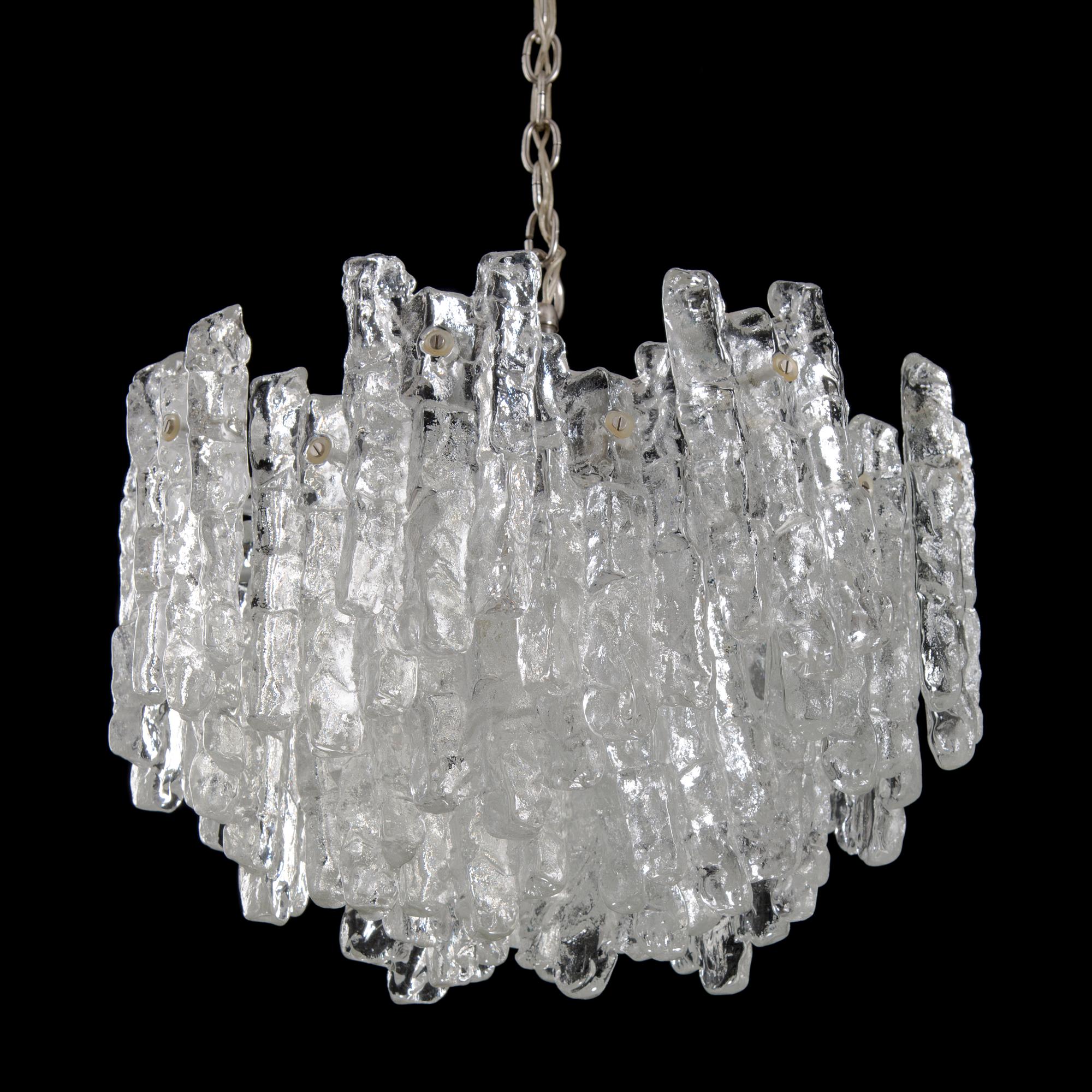 An Austrian 1960s Kalmar "Ice Block" chandelier with ice textured pieces of glass.