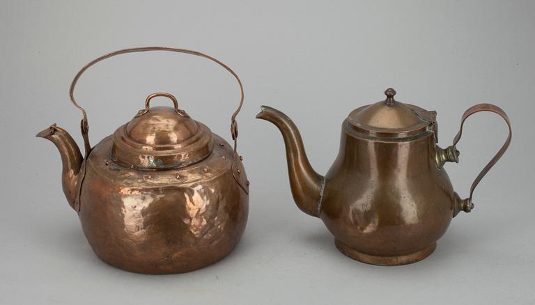 KAFFEKANNOR, 8 st, koppar, 1800-1900-tal.