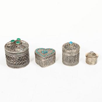 Boxes, 10 pcs, silver, with stones, 20th century.
