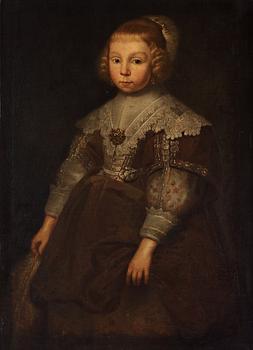 696. Michiel Jansz. van Mierevelt Circle of, Girl in velvet dress with lace, holding a feather.