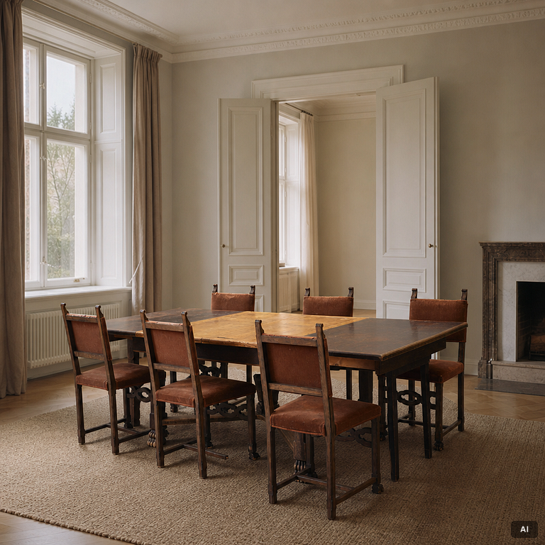 A Baroque-style dining table with six chairs, around 1900.