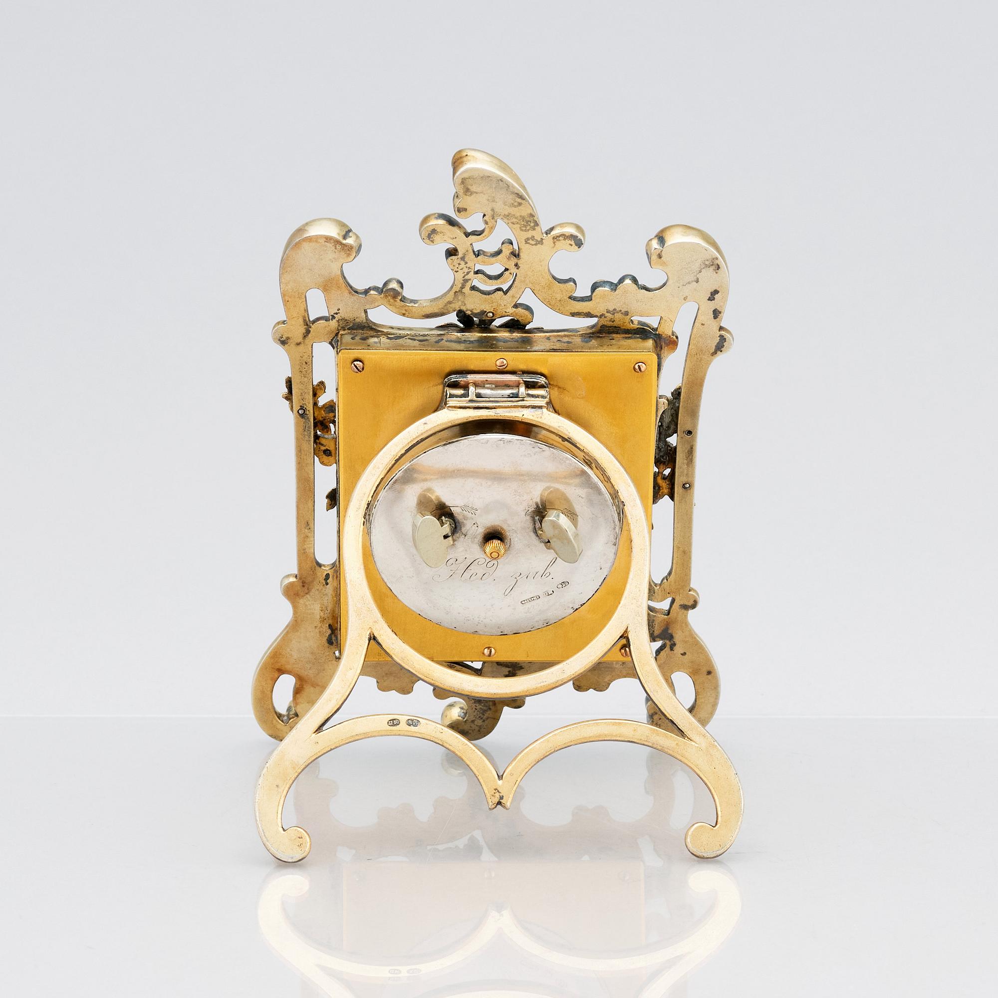 A Fabergé, Nobel family, jewelled, silver-gilt, guilloché enamel desk clock, workmaster Michael Perchin, St Petersburg.