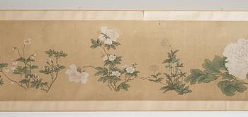 RULLMÅLNING, akvarell och tusch på silke. efter Wang Guxiang (1501-1568), troligen Qing dynastin (1644-1912).