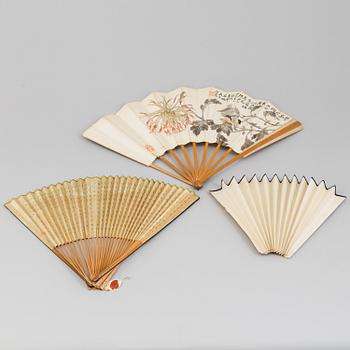 Three chinese fan leaf paintings, 20th century.