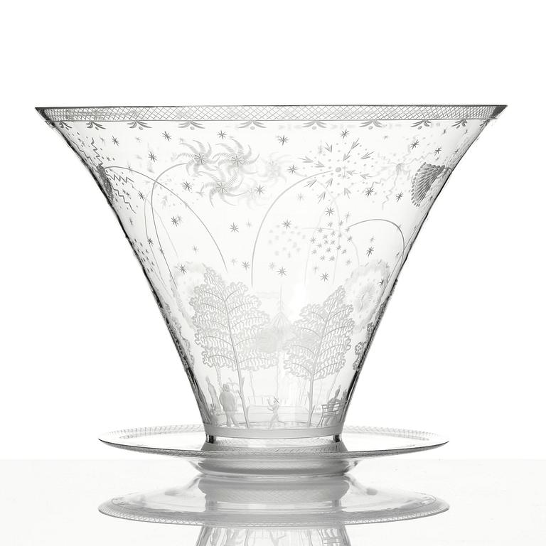 Edward Hald, a Swedish Grace "Fyrverkeri" (Fireworks) engraved glass bowl with a plate, Orrefors, Sweden, 1925, model 248.