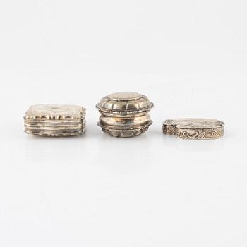 Three silver boxes, Sweden, Holland and Hanau, late 18th century-late 19th century.