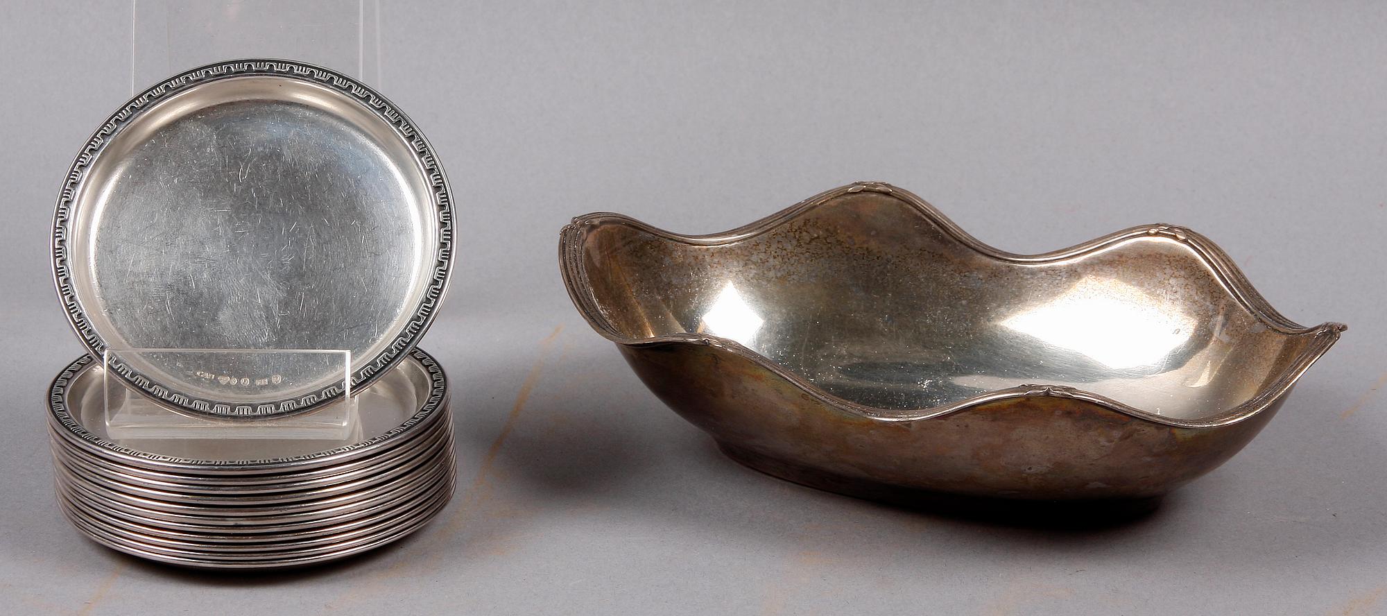 GLASUNDERLÄGG, 12 st, samt SKÅL, silver. Bl.a GAB.