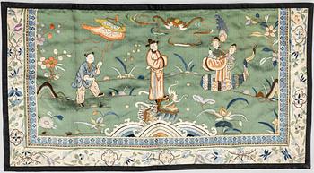 A group lot of embroidered silk textiles and a silk sowing purse, late Qing dynasty/early 20th century.