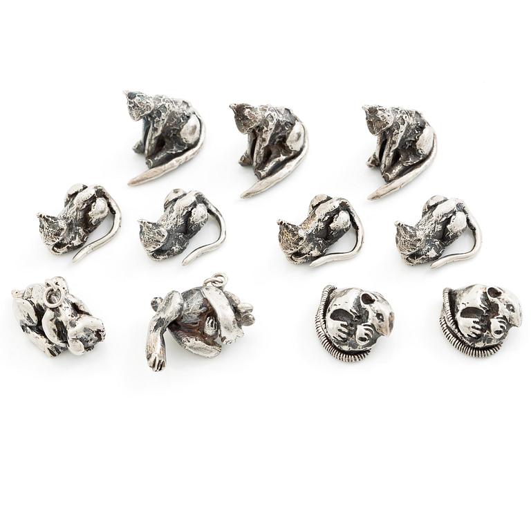 PA Lundahl-Terrs, figurines/pendants, eleven pieces, silver, in the form of animals.