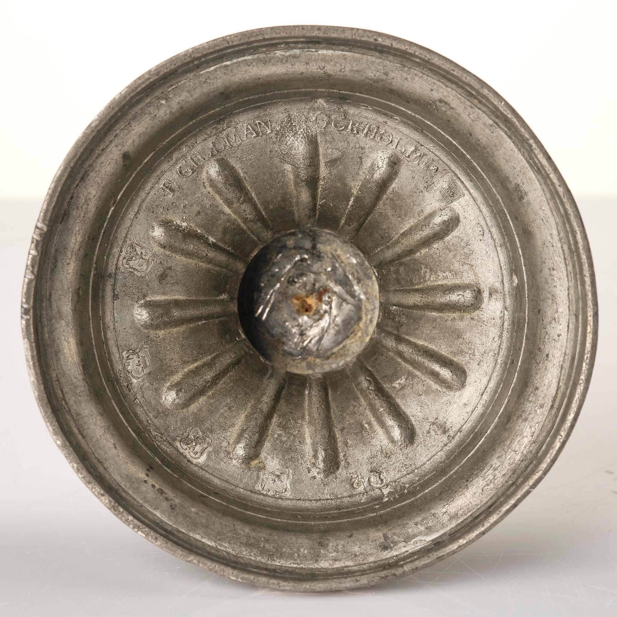 A pair of Gustavian pewter candlesticks by P. Gillman, Stockholm 1786.