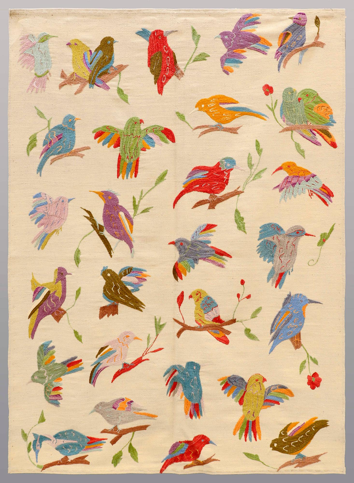 An embroided flat weave, ca 199 x 144 cm.