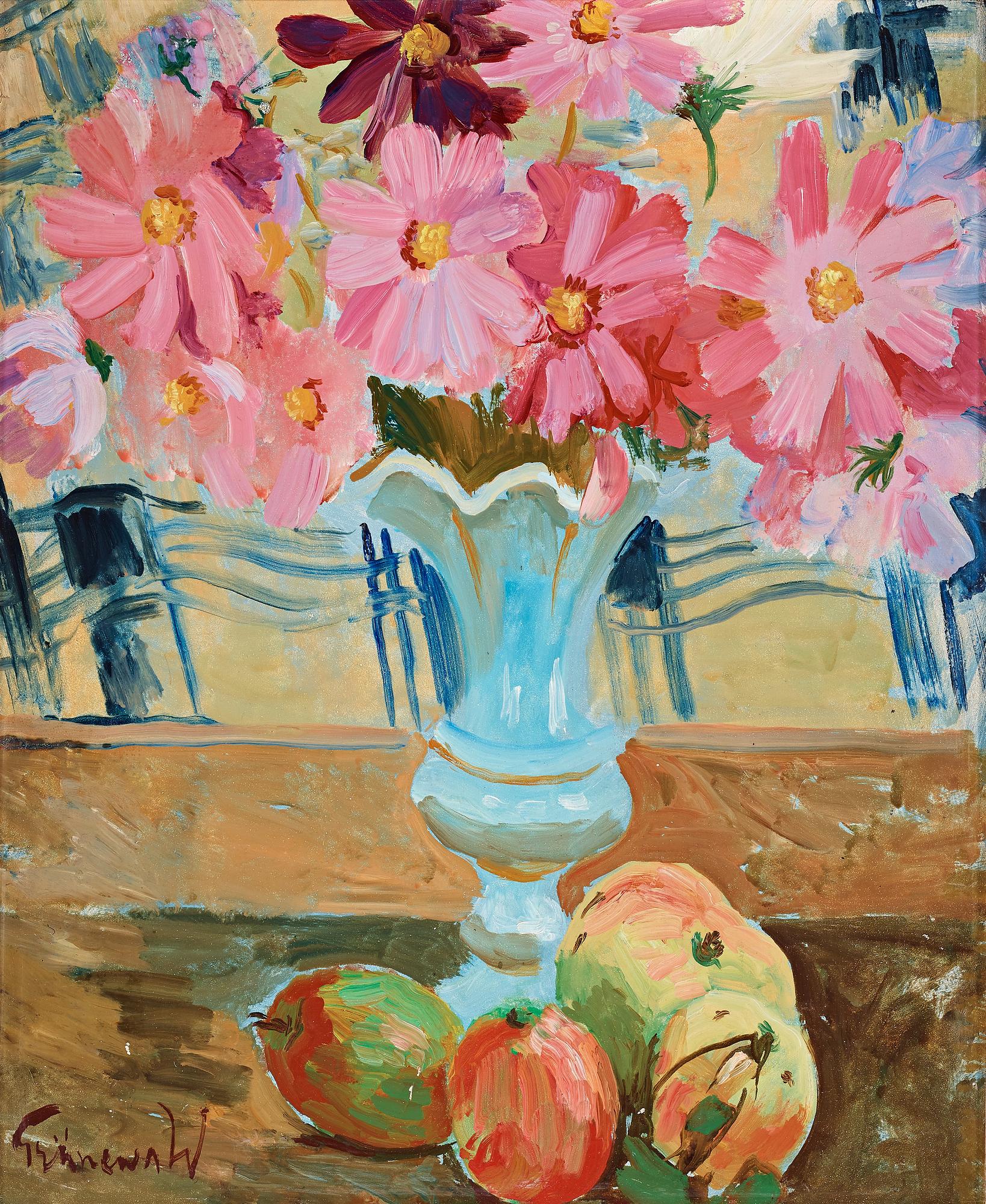 Isaac Grünewald, Still life with garden cosmos and apples.