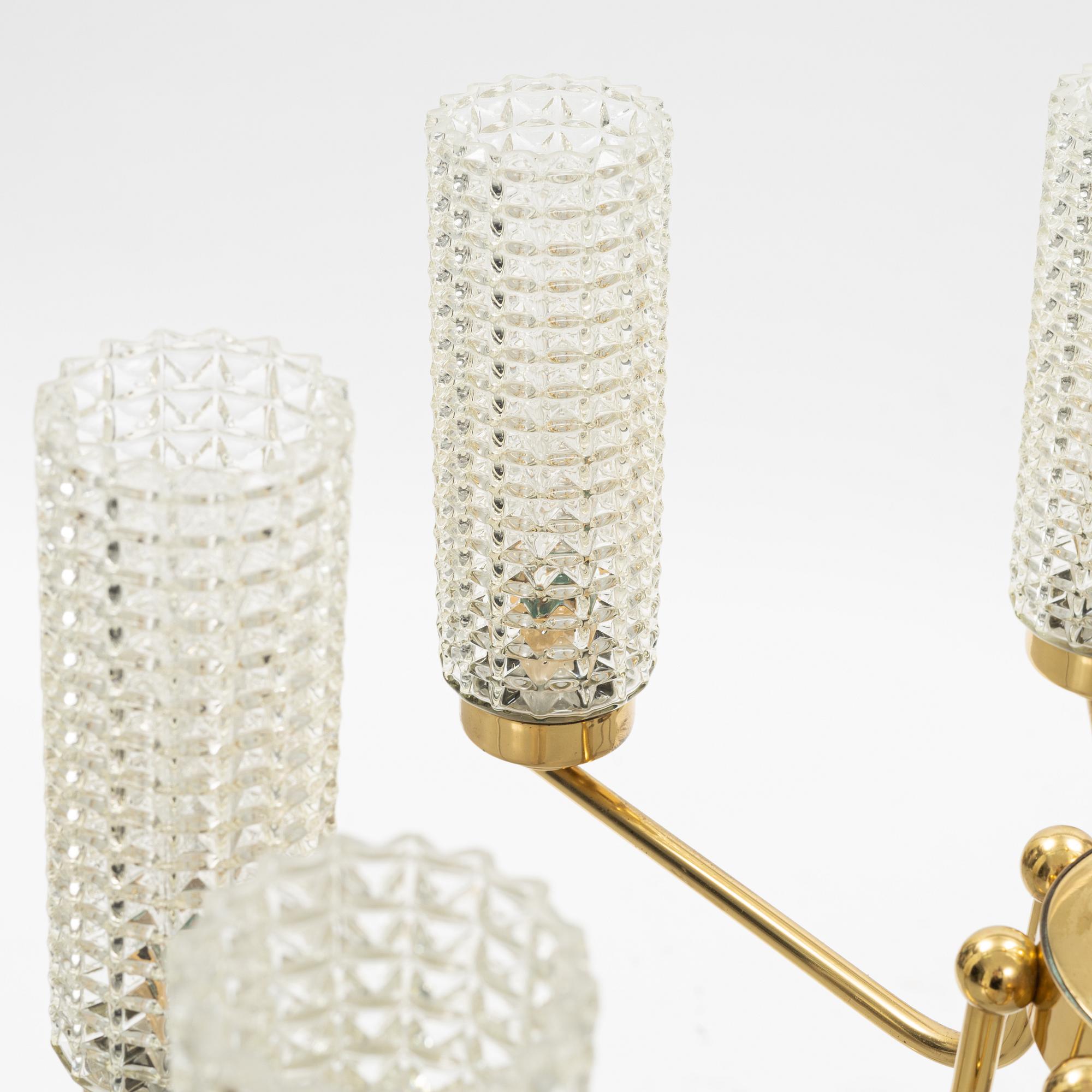 A glass and brass ceiling light, second half of the 20th Century.