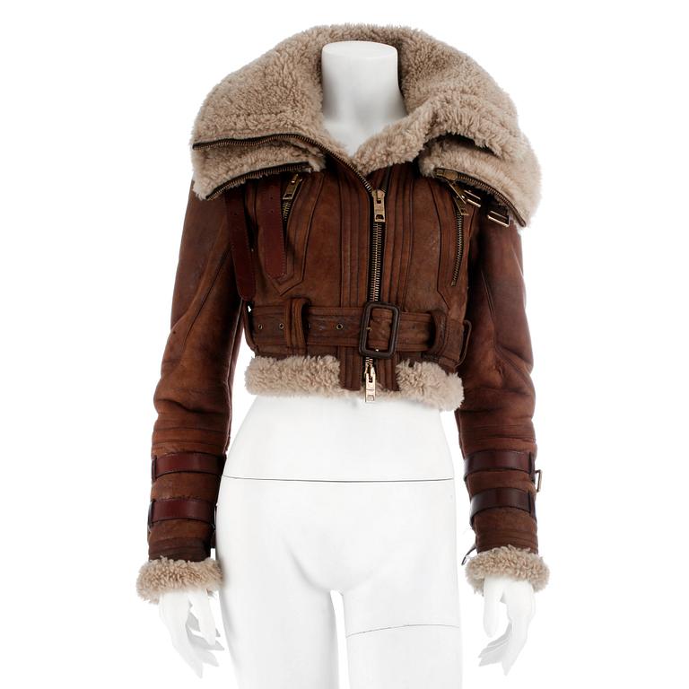 BURBBERY Prorsum, a brown leather and shearling jacket, Fall 2010, size 36.